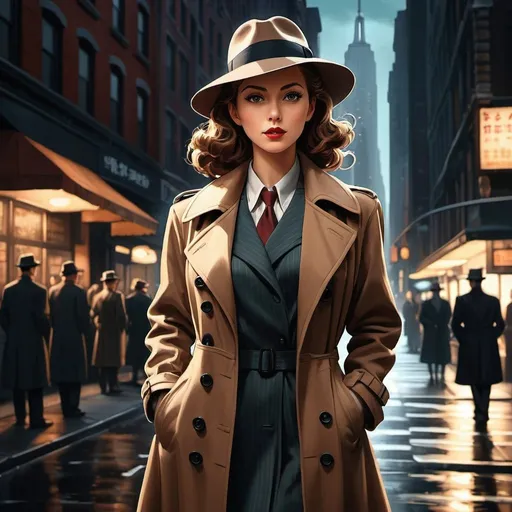 Prompt: Anime illustration 1940s Female detective,fedora,trenchcoat,standing in new york street,film noir, dark colors,best quality, highres, ultra-detailed, anime, cool tones, detailed hair, professional, atmospheric lighting