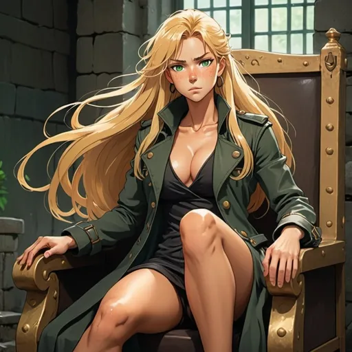 Prompt: 2d studio ghibli anime style,strong female amazon warrior princess, smug countenance, long gold blonde hair, deeply tan, sunburnt skin with freckles, shimmering green eyes, tall, muscular physique, wearing a weathered black trenchcoat ,sitting on her throne,anime scene