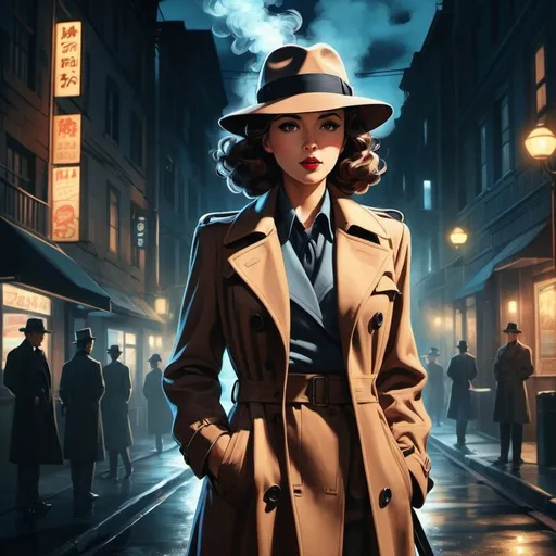 Prompt: Anime illustration 1940s Female detective,fedora,trenchcoat,standing in street smoking cigarette,film noir, dark colors,best quality, highres, ultra-detailed, anime, cool tones, detailed hair, futuristic, professional, atmospheric lighting