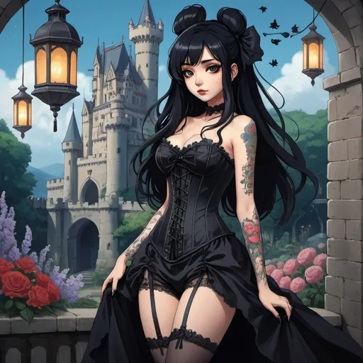 Prompt: 2d studio ghibli anime style,full body view,beautiful woman,long black hair,hair ribbon,goth makeup,tattooes, wearing black corset-dress,gothic castle,cute pose,flowers,lanterns, showing bum. anime scene