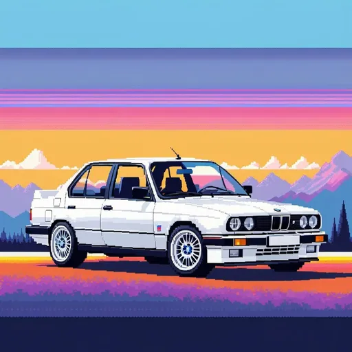 Prompt: pixelart illustration in pixelart style of a pixel white bmw e30 with a pixelwoman on top of it.vibrant and colorful,retro,16bit,nintendo graphics