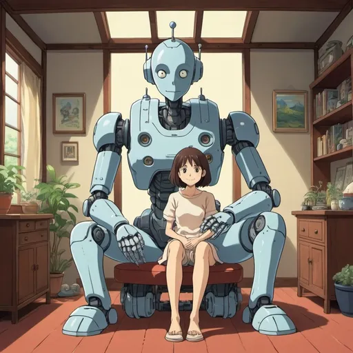 Prompt: 2d studio ghibli anime style, full body shot of robot sitting down holding a beautiful human woman in her arms,happy and cheerful,love,alien interior