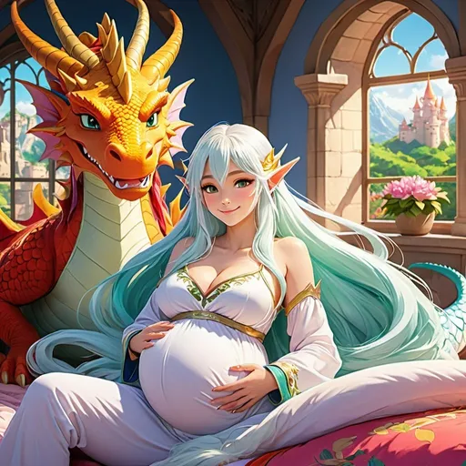 Prompt: Anime illustration a pregnant elf woman with long white hair sitting on a bed cuddled by a cute dragon,castle bedroom, colorful, happy and cheerful, vibrant, detailed hair and outfit, high quality, anime, colorful, cheerful, indoor setting, detailed character design, professional, atmospheric lighting