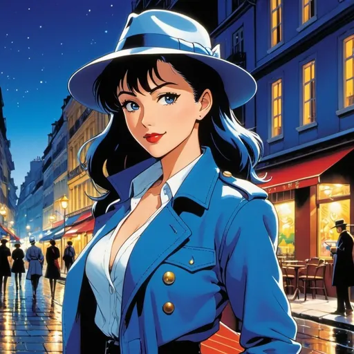 Prompt: 90's anime illustration of detective woman standing in parisian street night,wearing a blue fedora and trenchcoat,unbuttoned shirt,cleavage,dark short hair,dark lipstick,dark eyeshadow,happy and cheerful, vibrant, detailed hair and outfit, high quality, anime, colorful, cheerful, indoor setting, detailed character design, professional, atmospheric lighting, anime art style, tenchi muyo anime,