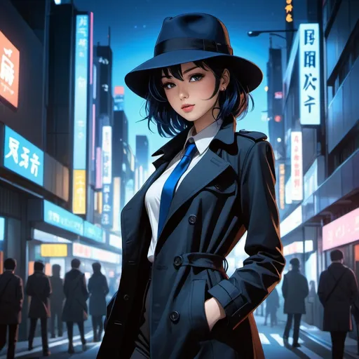 Prompt: Anime illustration of beautiful woman walking down the street wearing a blue fedora hat,hand in pockets,trenchcoat,matching pants,high-heel black boots,shirt,tie,detailed,black hair,pale skin,dark metalhead makeup,short haircut, mohawk,half mohawk,detailed eyes,focused gaze, shy smile,tokyo night setting,neon lights,street view,dark colors,best quality, highres, ultra-detailed, anime, cool tones, detailed hair, futuristic, professional, atmospheric lighting