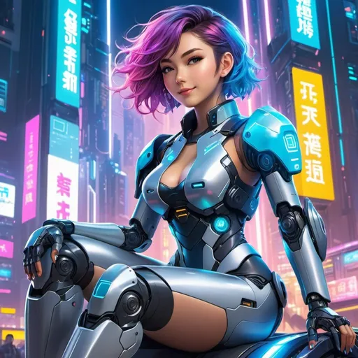 Prompt: Anime illustration of a young, attractive woman,wearing futuristic clothes sitting on lap of large female robot,mechsuit, cyberpunk setting, colorful lights, happy and cheerful, vibrant, detailed hair and outfit, high quality, anime, colorful, cheerful, urban setting, detailed character design, professional, atmospheric lighting
