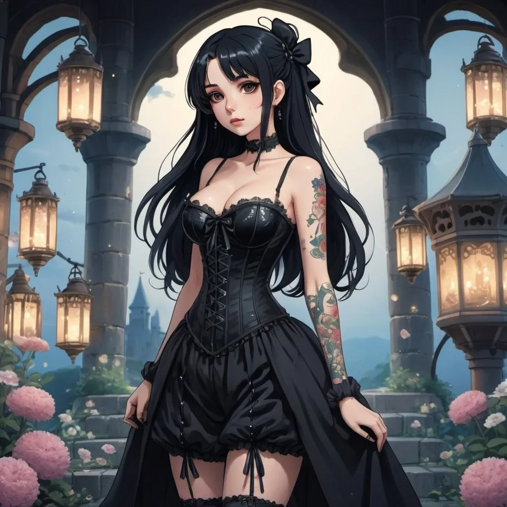 Prompt: 2d studio ghibli anime style,full body view,beautiful woman,long black hair,hair ribbon,goth makeup,tattooes, wearing black corset-dress,fantasy castle,cute pose,flowers,lanterns,sparkling, showing bum. anime scene