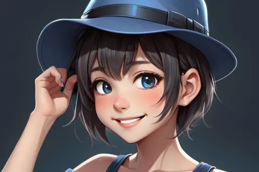 Prompt: Anime illustration of cute girl wearing a blue fedora tipping her hat and winks,detailed,dark hair,short haircut, Mohawk, half Mohawk, detailed eyes,happy and cheerful gaze, dark grey background, dark colors,best quality, highres, ultra-detailed, anime, cool tones, detailed hair, futuristic, professional, atmospheric lighting