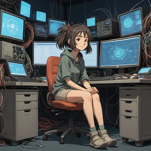 Prompt: 2d studio ghibli anime style, full body view, hacker girl sitting casually with feet resting on desk filled with futuristic computer,lots of monitors wires and equipment, happy and cheerful.