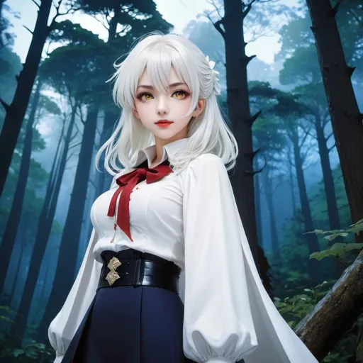 Prompt: 90's anime illustration low-angle; panoramic, zoomed out, full body view beautiful vampire girl , white hair, vampire fangs showing, pale skin, yellow eyes, 19th century clothes,dark creepy forest setting,night full moln,all rendered with (ultra-detailed realism) that emphasizes the (cool tone) of the composition,Anime Key Visual, Japanese Manga, Pixiv, Zerochan, Anime art