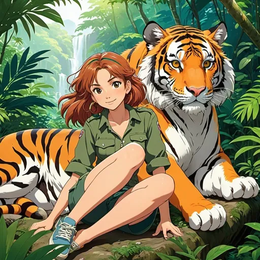 Prompt: 2d studio ghibli anime style, adventurer woman resting next to a tiger, tigers claws digging into her exposed skin, beautiful jungle,cute pose,outdoor, colorful, happy and cheerful, vibrant, detailed hair and outfit, high quality, anime, colorful, cheerful, detailed character design, professional, atmospheric lighting