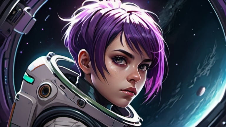Prompt: Anime illustration of astronaut girl detailed,purple hair,short haircut,Mohawk, half Mohawk, alien,sigorney weaver,detailed eyes, high-tech gear, intense and focused gaze, space setting, planet background, dark colors,best quality, highres, ultra-detailed, anime, cool tones, detailed hair, futuristic, professional, atmospheric lighting