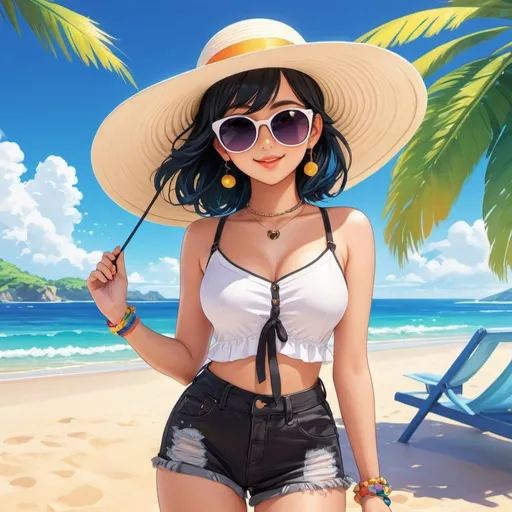 Prompt: Anime illustration cute punk woman,black hair,large sunglasses,sunhat,dark eyeliner, standing on beautiful sunny beach,cute pose,outdoor, colorful, happy and cheerful, vibrant, detailed hair and outfit, high quality, anime, colorful, cheerful, indoor setting, detailed character design, professional, atmospheric lighting