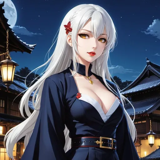 Prompt: 90's anime illustration low-angle; panoramic, zoomed out, full body view beautiful vampire girl,fangs, white hair, vampire fangs showing, pale skin, yellow eyes, 19th century clothes,dark creepy village setting,night full moln,all rendered with (ultra-detailed realism) that emphasizes the (cool tone) of the composition,Anime Key Visual, Japanese Manga, Pixiv, Zerochan, Anime art