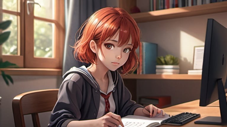 Prompt: anime illustration of cute young female studying with her computer in her bedroom, cute face, detailed background,perfect composition, hyperrealistic, super detailed,schoolgirl,short red hair, shiny hair, detailed eyes, focused gaze, casual clothes,stockings,best quality, highres, ultra-detailed, anime, cool tones, detailed hair, professional, atmospheric lighting