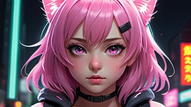 Prompt: Anime illustration of catgirl detailed,pink hair, detailed pink eyes, lingerine,intense and focused gaze, tokyo night setting, neon lights, dark grey colors,best quality, highres, ultra-detailed, anime, cool tones, detailed hair, futuristic, professional, atmospheric lighting