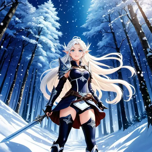 Prompt: 90's anime illustration low-angle; panoramic, zoomed out, full body view anime,open wavy hair, white hair, icy blue eyes, braids, jumping elf woman in elven armour, thigh-high boots,cute aesthetic, dark eyeliner, tinted rosy lips, moonlit enchanted winter forest,snowfall,Anime Key Visual, Japanese Manga, Pixiv, Zerochan, Anime art