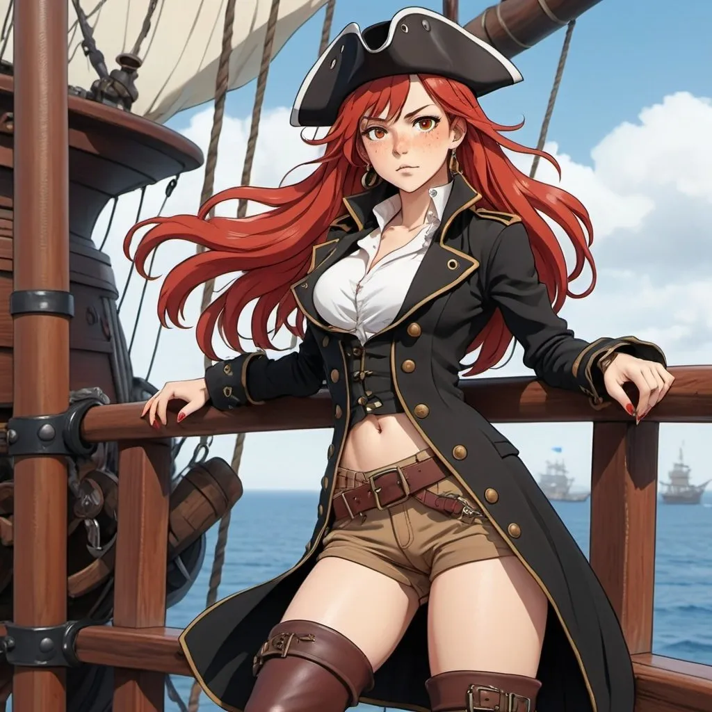 Prompt: 2d studio ghibli anime style,charismatic female pirate buccaneer, long red hair, tan, freckles, tall, athletic physique, wearing a black trenchcoat, pirate cap,white chemisette blouse, black pants, knee-high black leather boots, accessories,tattooes,leaning against railing on the deck of pirate ship,anime scene