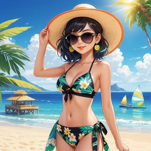 Prompt: Anime illustration cute punk woman,black hair,large sunglasses,sunhat,sarong,swimwear,dark eyeliner, standing on beautiful sunny beach,cute pose,outdoor, colorful, happy and cheerful, vibrant, detailed hair and outfit, high quality, anime, colorful, cheerful, indoor setting, detailed character design, professional, atmospheric lighting