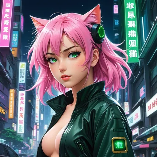 Prompt: 90's anime illustration low-angle; panoramic, zoomed out, full body view Anime illustration of catgirl standing in street detailed,pink hair, detailed green eyes,intense and focused gaze, dark cyberpunk city night setting, streetview, neon lights, dark grey colors,best quality, highres, ultra-detailed, anime, cool tones, detailed hair, futuristic, professional, atmospheric lighting