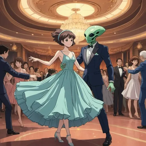 Prompt: 2d studio ghibli anime style, alien female dancing with a beautiful human woman wearing cocktail dress,ballroom