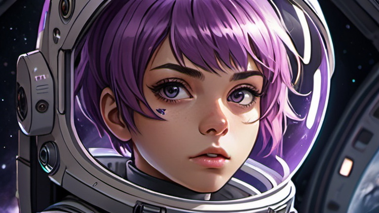 Prompt: Anime illustration of astronaut girl detailed,purple hair,short haircut, Mohawk, half Mohawk, detailed eyes, high-tech gear, intense and focused gaze, space setting, planet background, dark colors,best quality, highres, ultra-detailed, anime, cool tones, detailed hair, futuristic, professional, atmospheric lighting