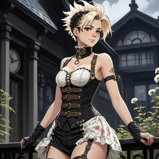 Prompt: 2d studio ghibli anime style,A (((beautiful woman))), with short hair styled into a (((mohawk))), half of which is pulled back as a side braid, dressed in a (((white floral steampunk dress))), accessorizing with a sleek black body harness and fishnet stockings, all against a (((dark outdoor setting))),anime scene