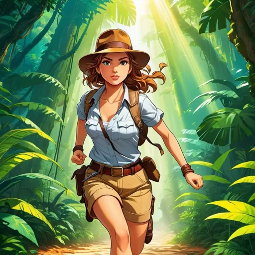 Prompt: Anime illustration of a young beautiful female adventurer Indiana jones running from danger, determined and focused, vibrant, detailed hair and outfit, high quality, anime, colorful, cheerful, jungle temple, detailed character design, professional, atmospheric lighting