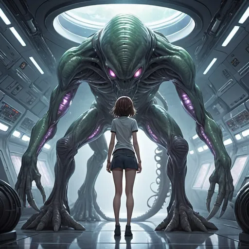 Prompt: anime illustration of tall alien female monster lifting a beautiful human woman of the ground they look at eachother,spaceship interior,cute face, detailed background,perfect composition, hyperrealistic, super detailed,shiny hair, detailed eyes, curious gaze,high-tech gear, casual clothes,stockings,best quality, aliens,tentacles,love,horror,slimy,highres, ultra-detailed, anime, cool tones, detailed hair, professional, atmospheric lighting