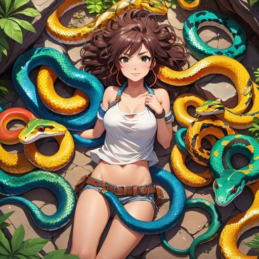 Prompt: Top down view from above Anime illustration one female adventurer with torn clothes that barely cover her,laying on cave floorlarge embraced and covered by many large and small colorful snakes coiled around her body, colorful, looking scared and uncomfortable, vibrant, detailed hair and outfit, high quality, anime, colorful, cheerful, indoor setting, detailed character design, professional, atmospheric lighting