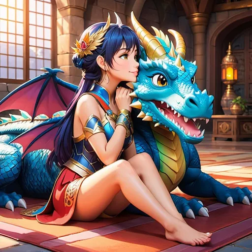 Prompt: Anime illustration a warrior woman sitting on the floor kissing a cute dragon on the cheek ,castle, colorful, happy and cheerful, vibrant, detailed hair and outfit, high quality, anime, colorful, cheerful, indoor setting, detailed character design, professional, atmospheric lighting