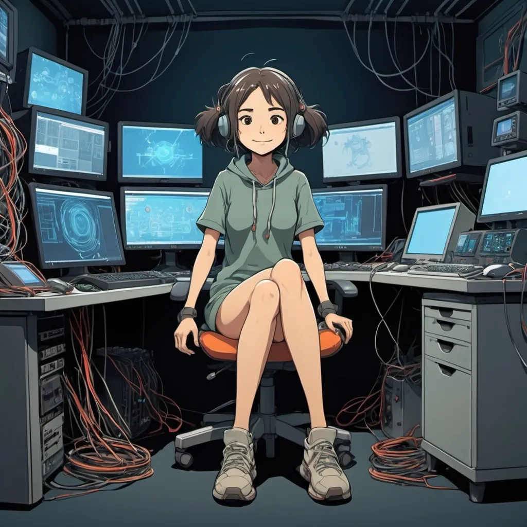 Prompt: 2d studio ghibli anime style, full body view, hacker girl sitting casually with feet resting on desk filled with futuristic computer,lots of monitors wires and equipment, happy and cheerful.