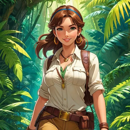 Prompt: full body view Anime illustration one female adventurer indiana jones look,brown hair,ponytail,trapped in a boobytrap,ancient jungle temple, colorful, happy and cheerful, vibrant, detailed hair and outfit, high quality, anime, colorful, cheerful, indoor setting, detailed character design, professional, atmospheric lighting