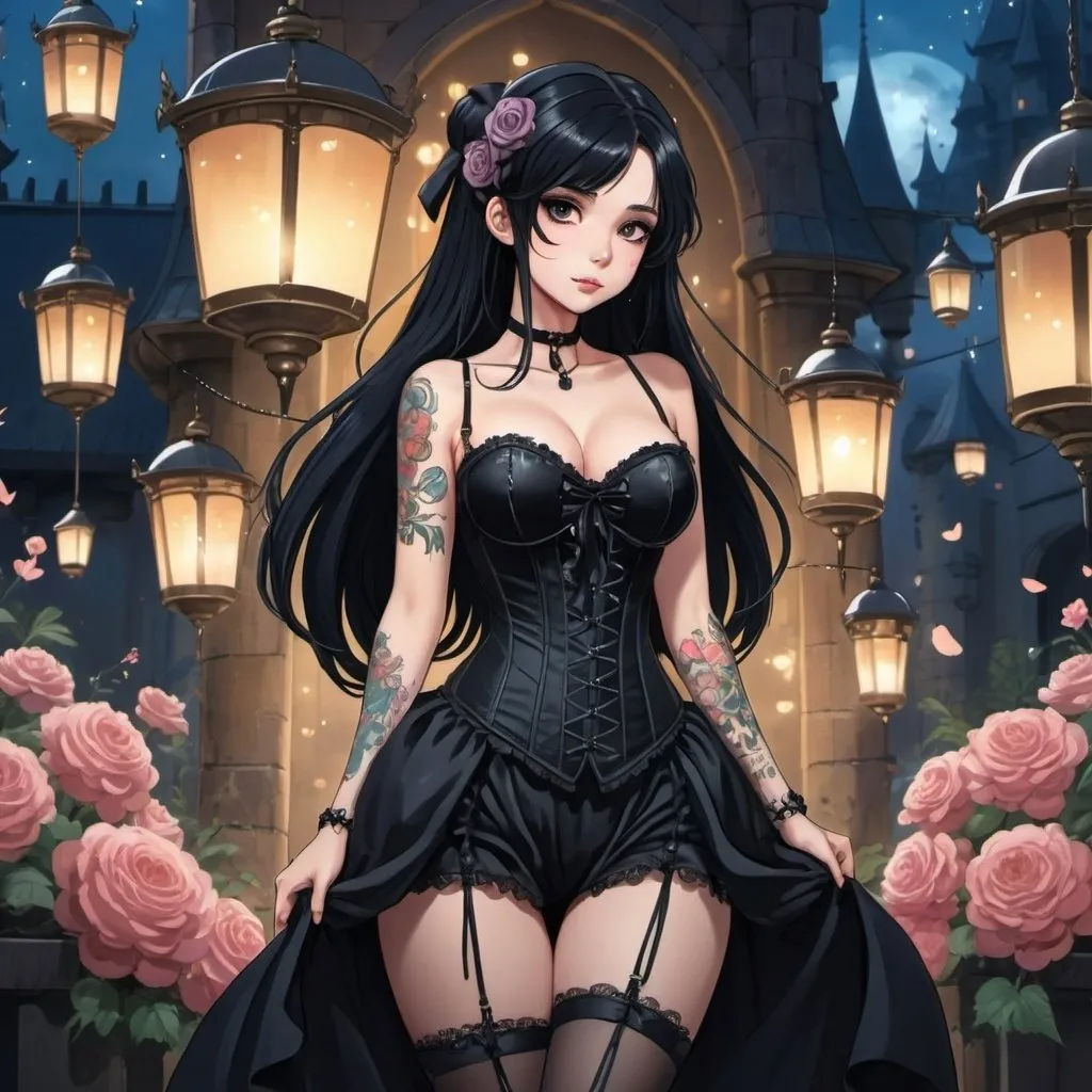 Prompt: 2d studio ghibli anime style,full body view,beautiful woman,long black hair,hair ribbon,goth makeup,tattooes, wearing black corset-dress,fantasy castle,cute pose,flowers,lanterns,sparkling, showing bum. anime scene