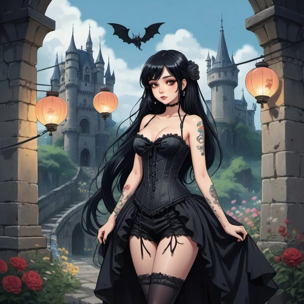 Prompt: 2d studio ghibli anime style,full body view,beautiful woman,long black hair,hair ribbon,goth makeup,tattooes, wearing black corset-dress,gothic castle,cute pose,flowers,lanterns, showing bum. anime scene