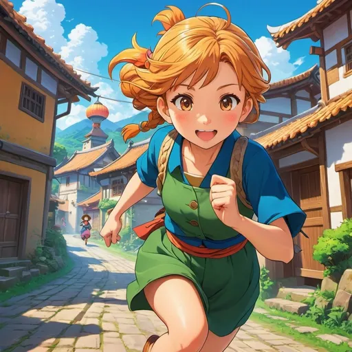 Prompt: Anime illustration a woman villager fleeing chased by dragon,running,scared,village street,colorful, vibrant, detailed hair and outfit, high quality, anime, colorful, detailed character design, professional, atmospheric lighting