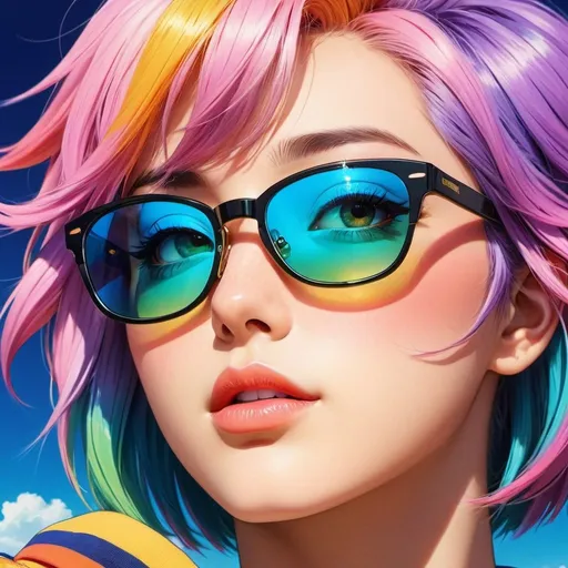 Prompt: Anime illustration extreme close up of eys,sunglasses, retro vintage anime,multi colored hair, dramatic pose,colorful, vibrant, detailed hair, high quality, anime, professional, atmospheric lighting