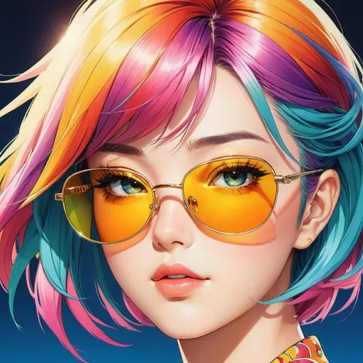Prompt: Anime illustration extreme close up of eys,sunglasses, retro vintage anime,multi colored hair, dramatic pose, intricate face expressions detail colorful, vibrant, detailed hair, high quality, anime, professional, atmospheric lighting