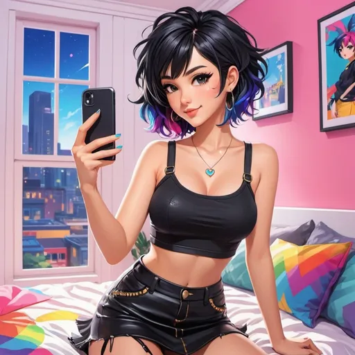 Prompt: Anime illustration cute punk woman,black hair,black ripped crop-top,short black skirt,dark eyeliner, taking a selfie,cute pose,bedroom, colorful, happy and cheerful, vibrant, detailed hair and outfit, high quality, anime, colorful, cheerful, indoor setting, detailed character design, professional, atmospheric lighting