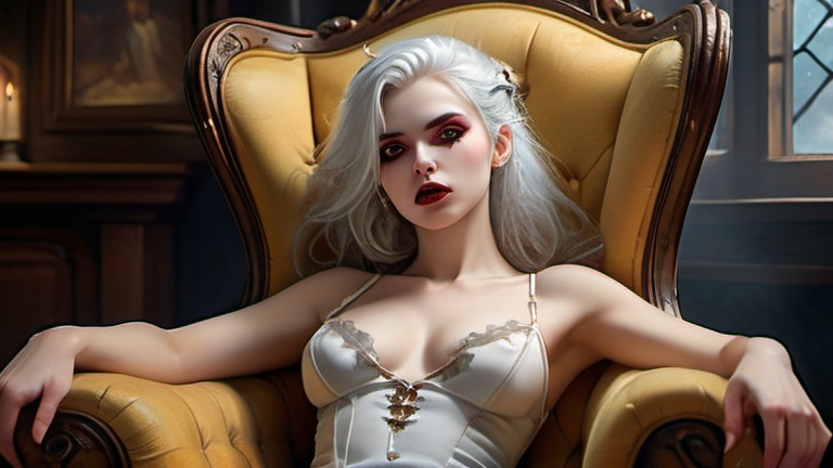 Prompt: beautiful vampire girl , white hair, biting lip, sensual, vampire fangs showing, pale skin, yellow eyes, (high detailed) in the chair, "Insanely detailed full body portrait photography of a majestic beautiful fierce, WLOP, dynamic lighting, hyperdetailed, Intricately Detailed, Photorealism, Filmic, deep color, #film, 8K resolution ethereal fantasy hyperdetailed mist Thomas Kinkade