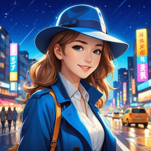 Prompt: Anime illustration of a young, attractive woman,wearing s blue fedora,matching trenchcoat, brightly lit road, colorful city lights, happy and cheerful, vibrant, detailed hair and outfit, high quality, anime, colorful, cheerful, urban setting, detailed character design, professional, atmospheric lighting