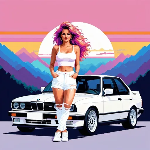 Prompt: pixelart illustration in pixelart style of a sleek white bmw e30 with a gorgeous woman on top of it. She wears a white crop-top and and white jeans shorts, long flowing multicolored hair.vibrant and colorful,retro,16bit