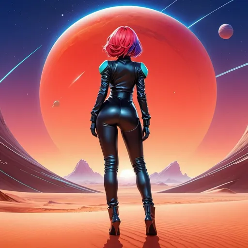 Prompt: Anime illustration cute full body woman,wearing futuristic tight jumpsuit,black standing on desert planet,red sky, two mons,full body, from behind, bent over, cute pose,colorful, happy and cheerful, vibrant, detailed hair and outfit, high quality, anime, colorful, cheerful, indoor setting, detailed character design, professional, atmospheric lighting