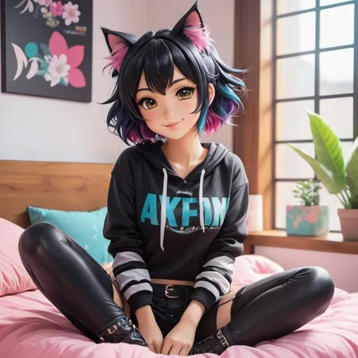 Prompt: Anime illustration cute catgirl punk woman,tail,black hair,black,dark eyeliner, sitting on bed,cute pose,bedroom, colorful, happy and cheerful, vibrant, detailed hair and outfit, high quality, anime, colorful, cheerful, indoor setting, detailed character design, professional, atmospheric lighting