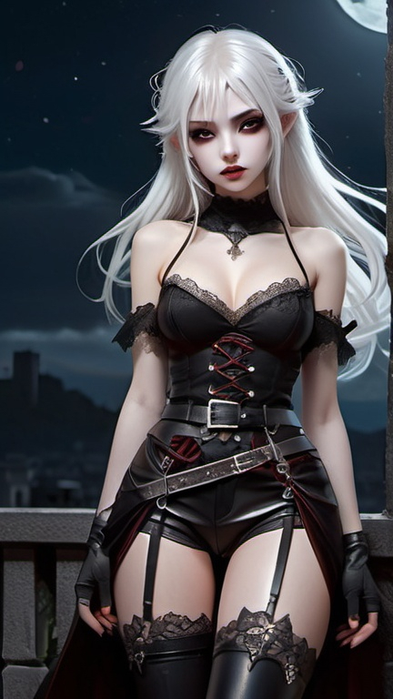 Prompt: Anime illustration beautiful vampire girl wearing  detailed revealing lace clothes, thigh-high boots, belt with knife in sheath, white hair, sensual, vampire fangs, pale skin, tattooes on arms,detailed eyes, (high detailed) outsoor setting, moonlight dark sky, misty, "Insanely detailed full body portrait photography of a majestic beautiful fierce, WLOP, dynamic lighting, hyperdetailed, Intricately Detailed, Photorealism, Filmic, deep color, #film, 8K resolution ethereal fantasy hyperdetailed 