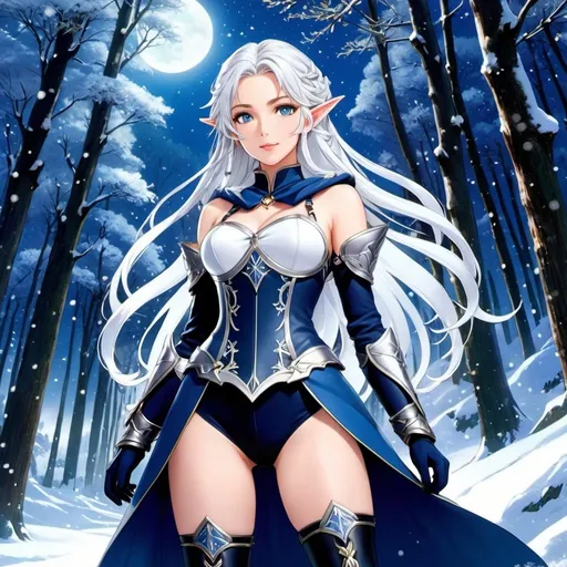 Prompt: 90's anime illustration low-angle; panoramic, zoomed out, full body view anime,open wavy hair, white hair, icy blue eyes, braids, elf woman in elven armour, thigh-high boots,cute aesthetic, dark eyeliner, tinted rosy lips, moonlit enchanted winter forest,snowfall,Anime Key Visual, Japanese Manga, Pixiv, Zerochan, Anime art