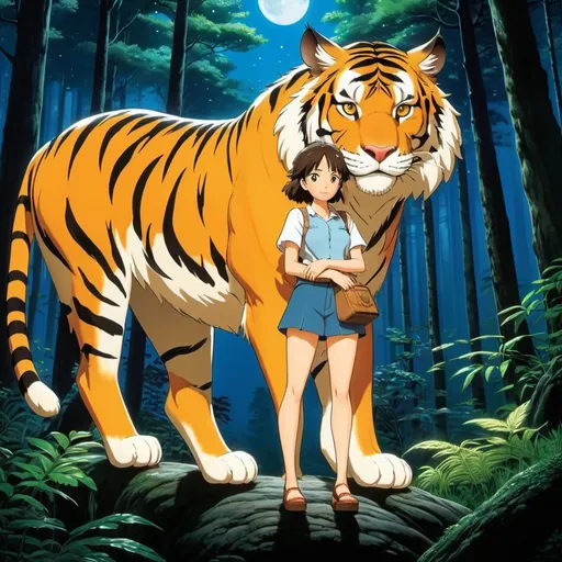 Prompt: 2d studio ghibli anime style, full body view of a beautiful woman embraced from behind by a female anthropomorphic furry tiger,dark creepy forest setting,night full moln,all rendered with (ultra-detailed realism) that emphasizes the (cool tone) of the composition