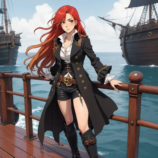 Prompt: 2d studio ghibli anime style,charismatic female pirate buccaneer, long red hair, tan, freckles, tall, athletic physique, wearing a black trenchcoat, white chemisette blouse, black pantss, knee-high black leather boots, accessories,tattooes,leaning against railing on the deck of pirate ship,anime scene