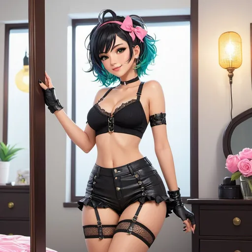 Prompt: Anime illustration cute punk woman,black hair,black lingeringe,garter,fishnet stocknings,dark eyeliner, standing in front of mirror,cute pose,bedroom, colorful, happy and cheerful, vibrant, detailed hair and outfit, high quality, anime, colorful, cheerful, indoor setting, detailed character design, professional, atmospheric lighting