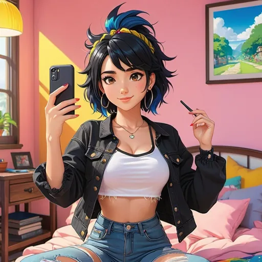 Prompt: 2d studio ghibli anime style cute punk woman,black hair,black ripped crop-top,very low-cut jeans,dark eyeliner, taking a selfie,cute pose,bedroom, colorful, happy and cheerful, vibrant, detailed hair and outfit, high quality, anime, colorful, cheerful, indoor setting, detailed character design, professional, atmospheric lighting